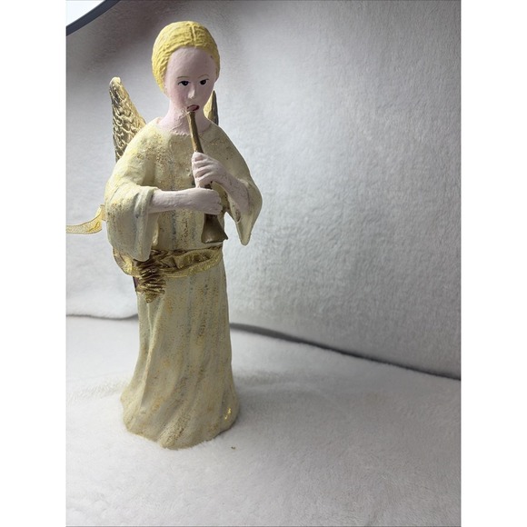 The Unbranded Brand Other - Vintage 90s Christmas Angel Figurine Playing Horn Gold & Cream Decor Solid Resin